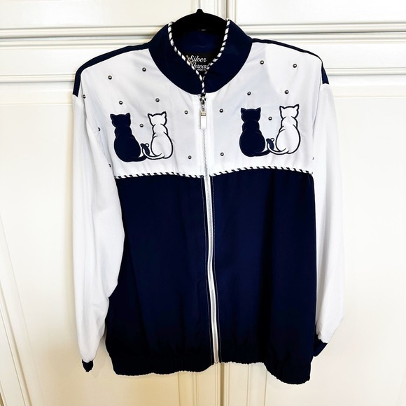 Vintage American Silver Threads USA Cat Lady 90s Y2K Zip Front Windbreaker Women - Picture 1 of 9